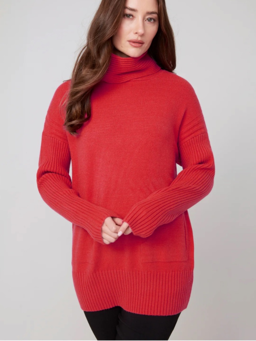 Renuar Vibrant Red Cowl Neck Pocket Sweater